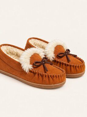 Kids Suede Moccasin Slippers Faux Fur Lined Crewcuts Brown K1